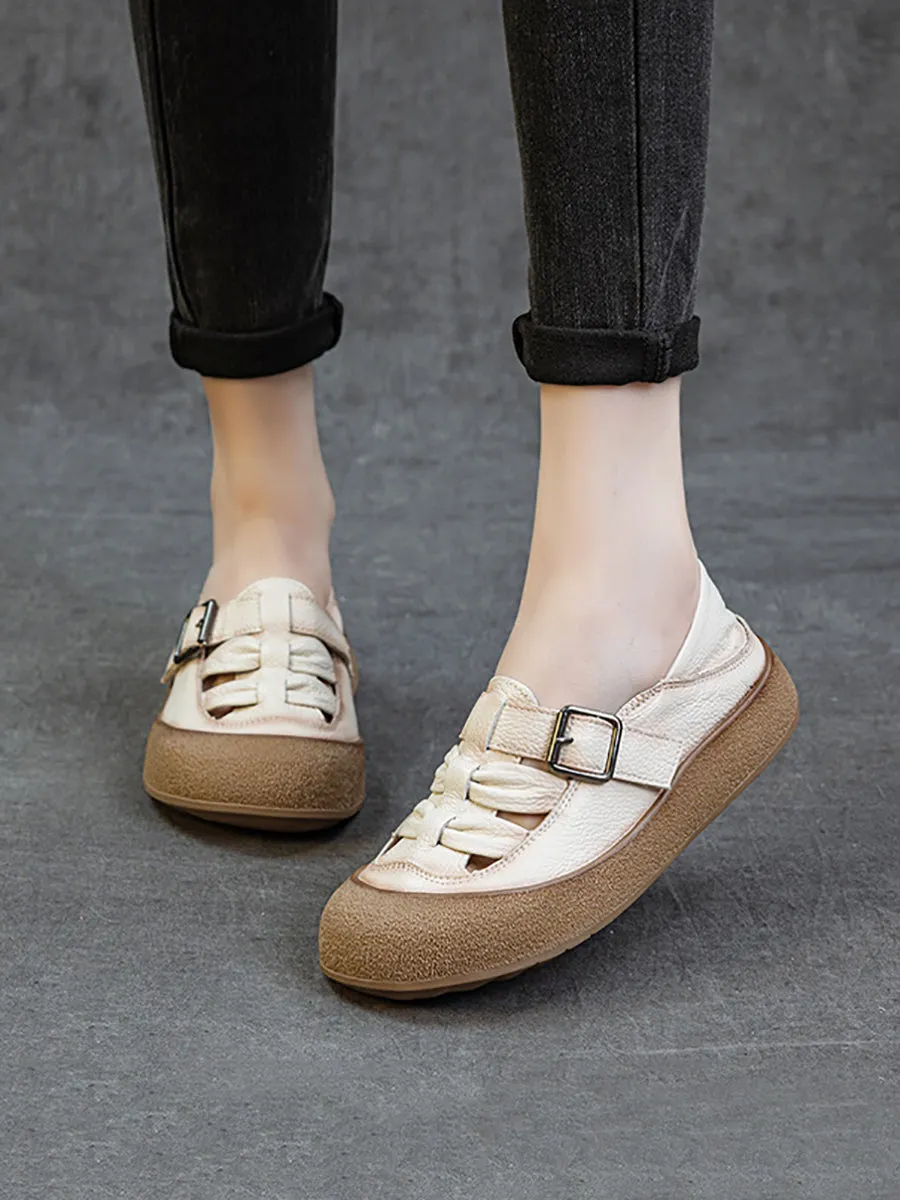 Women Retro Soft Leather Spliced Flat Shoes