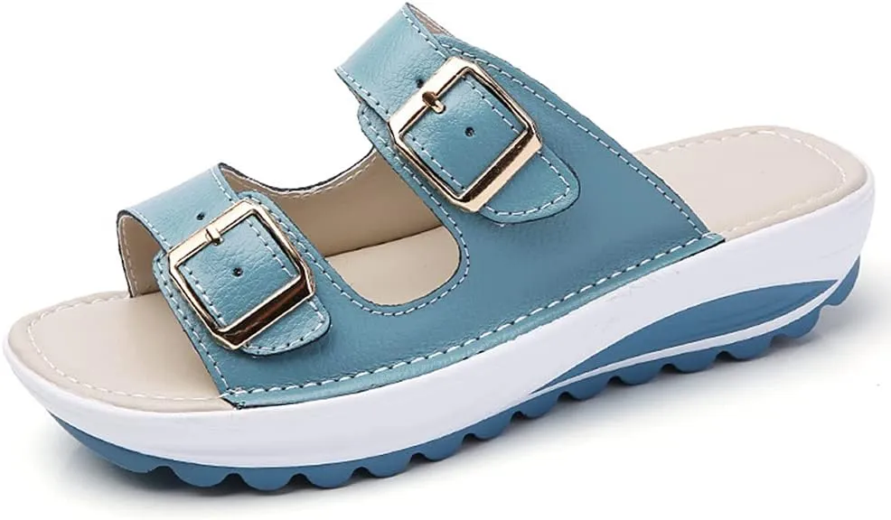 Women Wedge Sandals Two Bands Platform Slides Wavy Sole Flip Flop