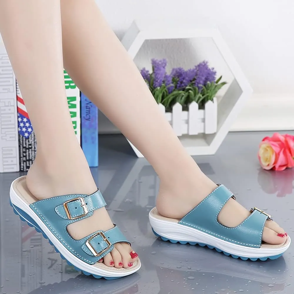 Women Wedge Sandals Two Bands Platform Slides Wavy Sole Flip Flop