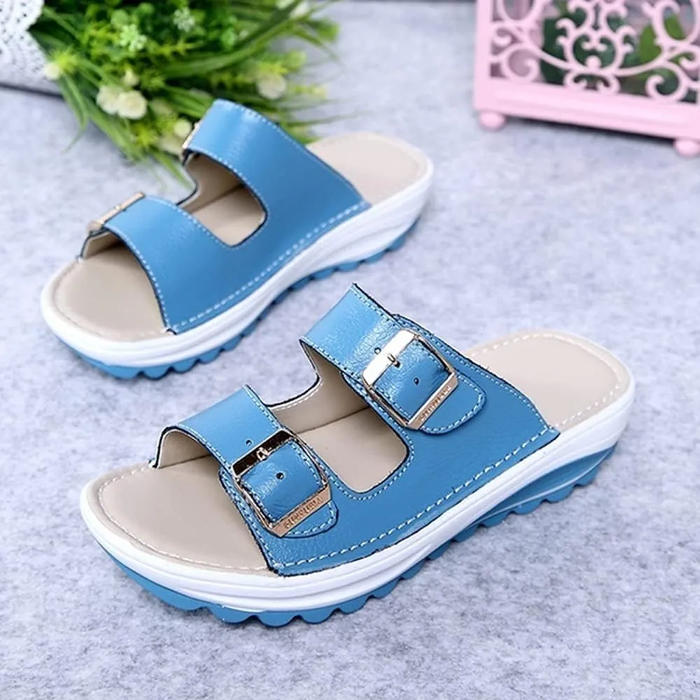 Women Wedge Sandals Two Bands Platform Slides Wavy Sole Flip Flop