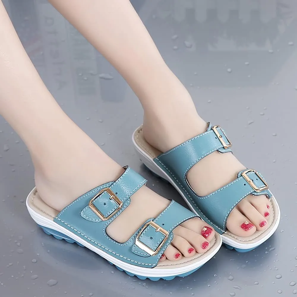 Women Wedge Sandals Two Bands Platform Slides Wavy Sole Flip Flop