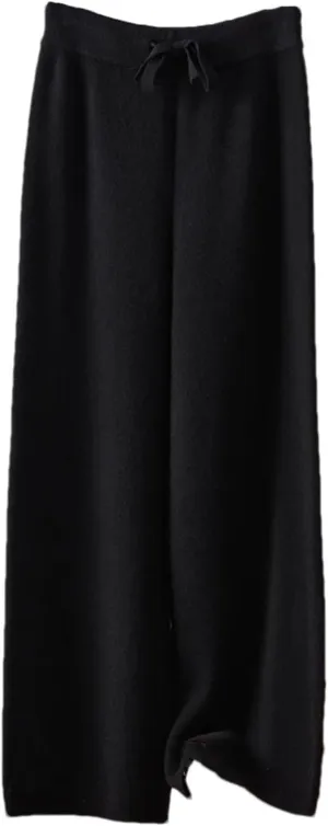 Women Wool Wide-Leg Elastic Waist Long Pants Vintage Knitted Lace Up Soft Trousers