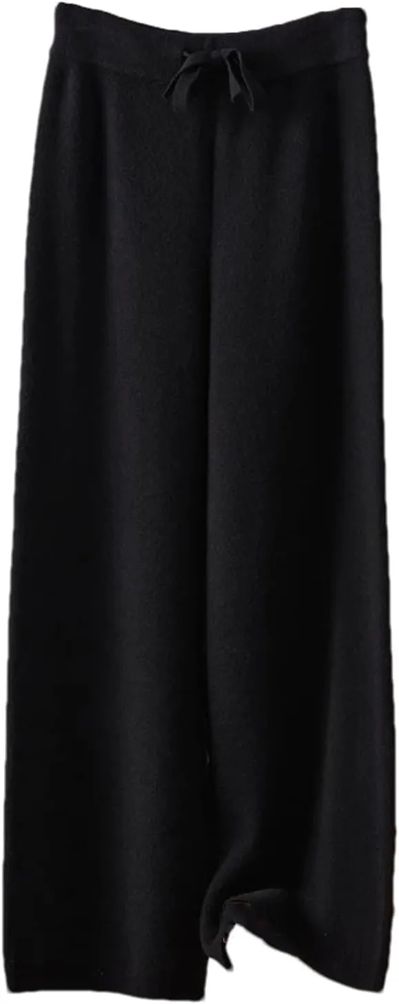 Women Wool Wide-Leg Elastic Waist Long Pants Vintage Knitted Lace Up Soft Trousers