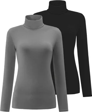 Women's 2 Pack Long Sleeve Turtleneck Thermal T-Shirts Mock Neck Underwear Fall Winter Base Layer Lightweight Tops
