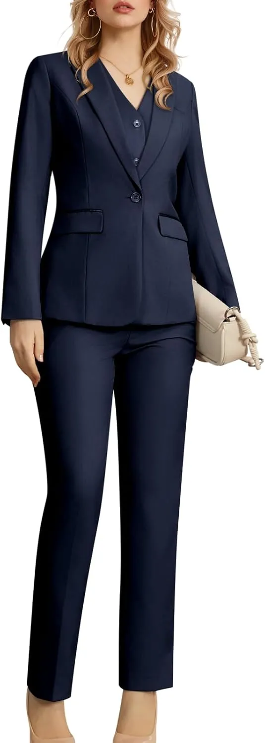 Women's 3 Piece Suit Lady Business Casual Office One Button Slim Fit Blazer Jacket Vest Pants Set