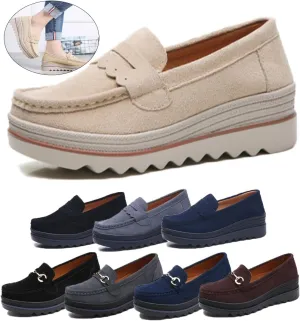 Women's Beige, Blue, Black, Grey Suede Loafers - Lunar Tempo - Casual, All Seasons - Size: US Women's - Round Toe - Platform Sole - Slip-On - Mid Top - Adult Women