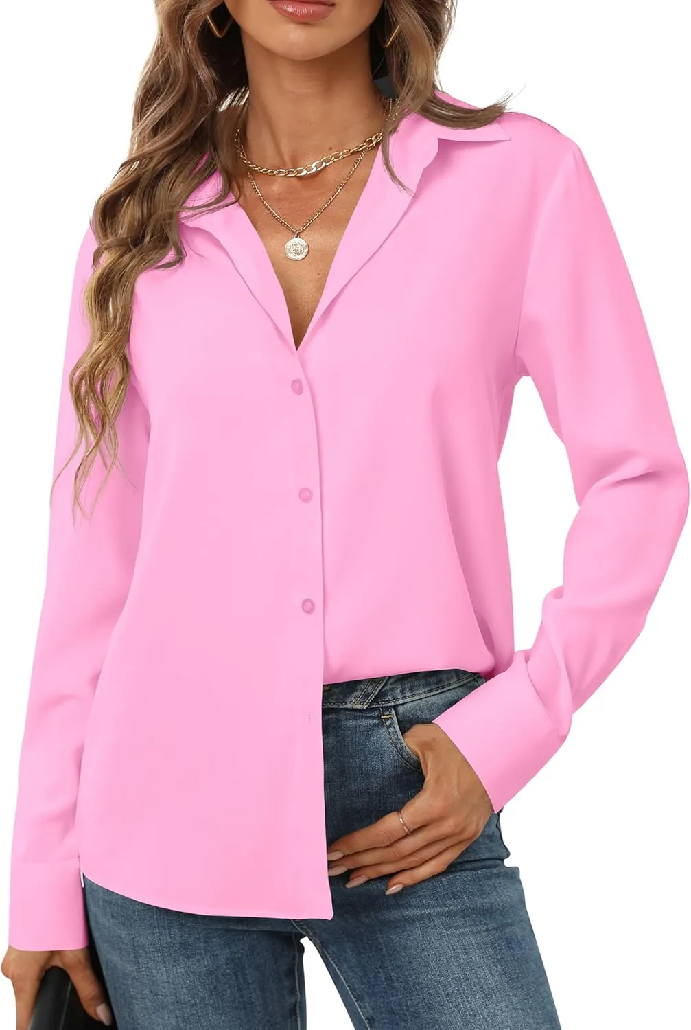 Women's Button Down Shirts Long Sleeve Basic Classic Soft Shirt Collared Fashion Dressy Casual Blouses