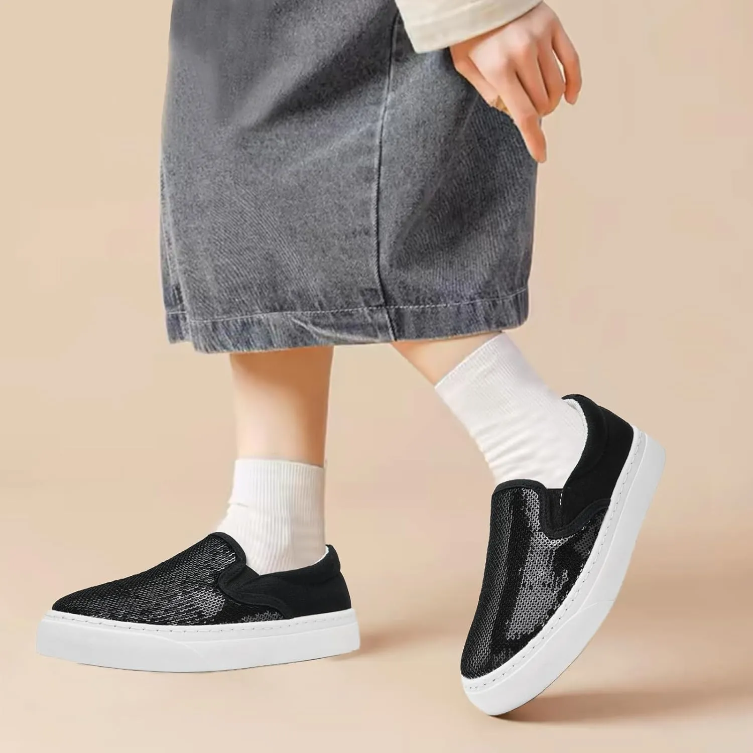 Women's Canvas Slip On Shoes Glitter Sequin Sneakers Sparkly Flat Loafers Casual Comfortable Tennis Shoes for Women