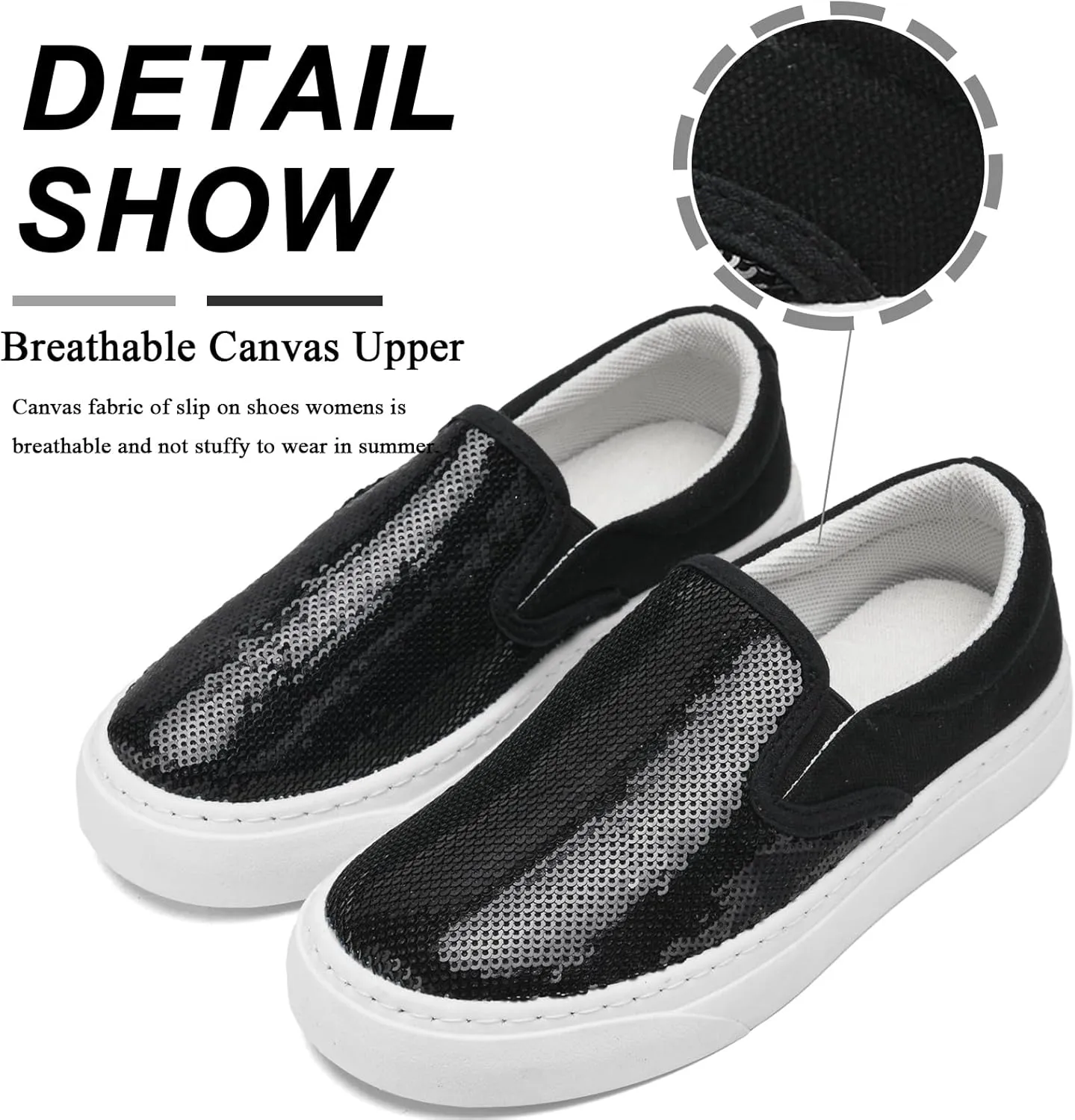 Women's Canvas Slip On Shoes Glitter Sequin Sneakers Sparkly Flat Loafers Casual Comfortable Tennis Shoes for Women