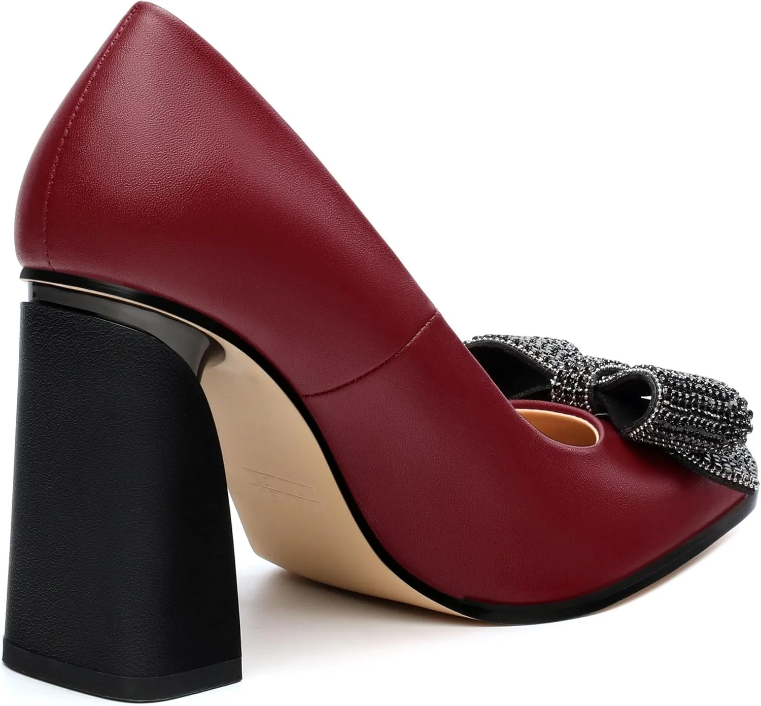 Women's Chunky Block high Heels, Comfortable Pointy Toe Bow Pumps for Work, Office, Wedding and Dancing 3.5 Inch.