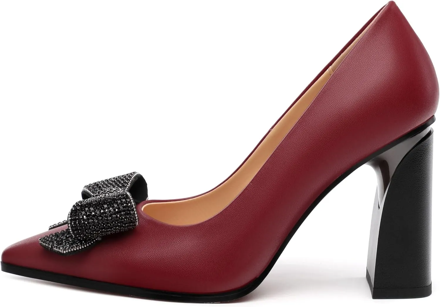 Women's Chunky Block high Heels, Comfortable Pointy Toe Bow Pumps for Work, Office, Wedding and Dancing 3.5 Inch.