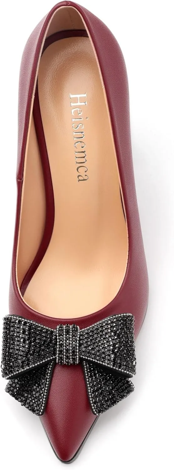 Women's Chunky Block high Heels, Comfortable Pointy Toe Bow Pumps for Work, Office, Wedding and Dancing 3.5 Inch.
