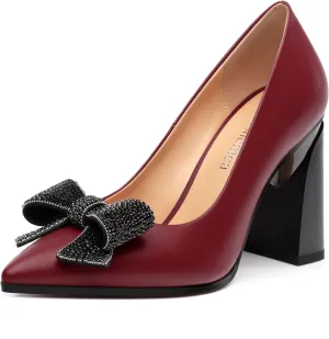 Women's Chunky Block high Heels, Comfortable Pointy Toe Bow Pumps for Work, Office, Wedding and Dancing 3.5 Inch.