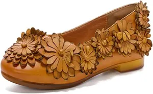 Women's Cowhide Leather 3D Flowers Flat Retro Loafers Vintage Round Head Comfortable Low Heel Non-Slip Casual Flats Boats for Mom Walking Work