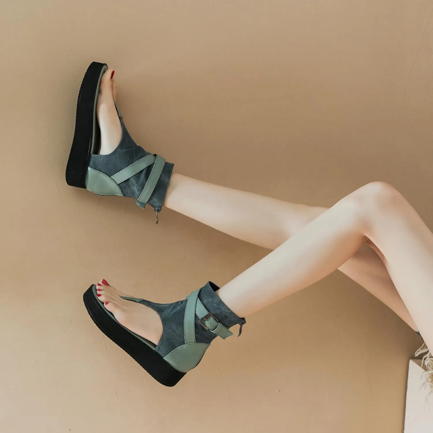 Women's Denim Platform Bohemian Gladiator Sandals Chunky Bottom Clip Toe T-Strap Back Zip Roman Sandals with Buckle Decor Casual High top Walking Beach y2k Sandals