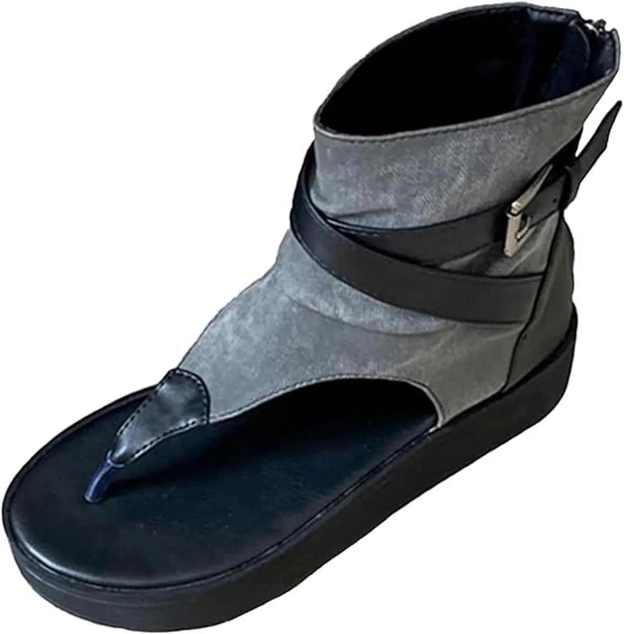 Women's Denim Platform Bohemian Gladiator Sandals Chunky Bottom Clip Toe T-Strap Back Zip Roman Sandals with Buckle Decor Casual High top Walking Beach y2k Sandals