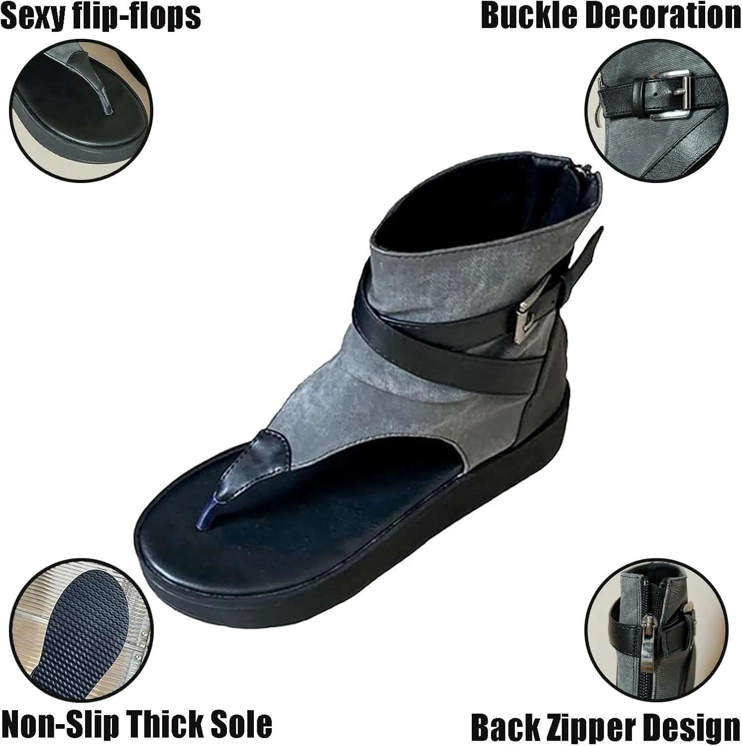 Women's Denim Platform Bohemian Gladiator Sandals Chunky Bottom Clip Toe T-Strap Back Zip Roman Sandals with Buckle Decor Casual High top Walking Beach y2k Sandals