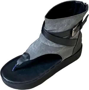 Women's Denim Platform Bohemian Gladiator Sandals Chunky Bottom Clip Toe T-Strap Back Zip Roman Sandals with Buckle Decor Casual High top Walking Beach y2k Sandals
