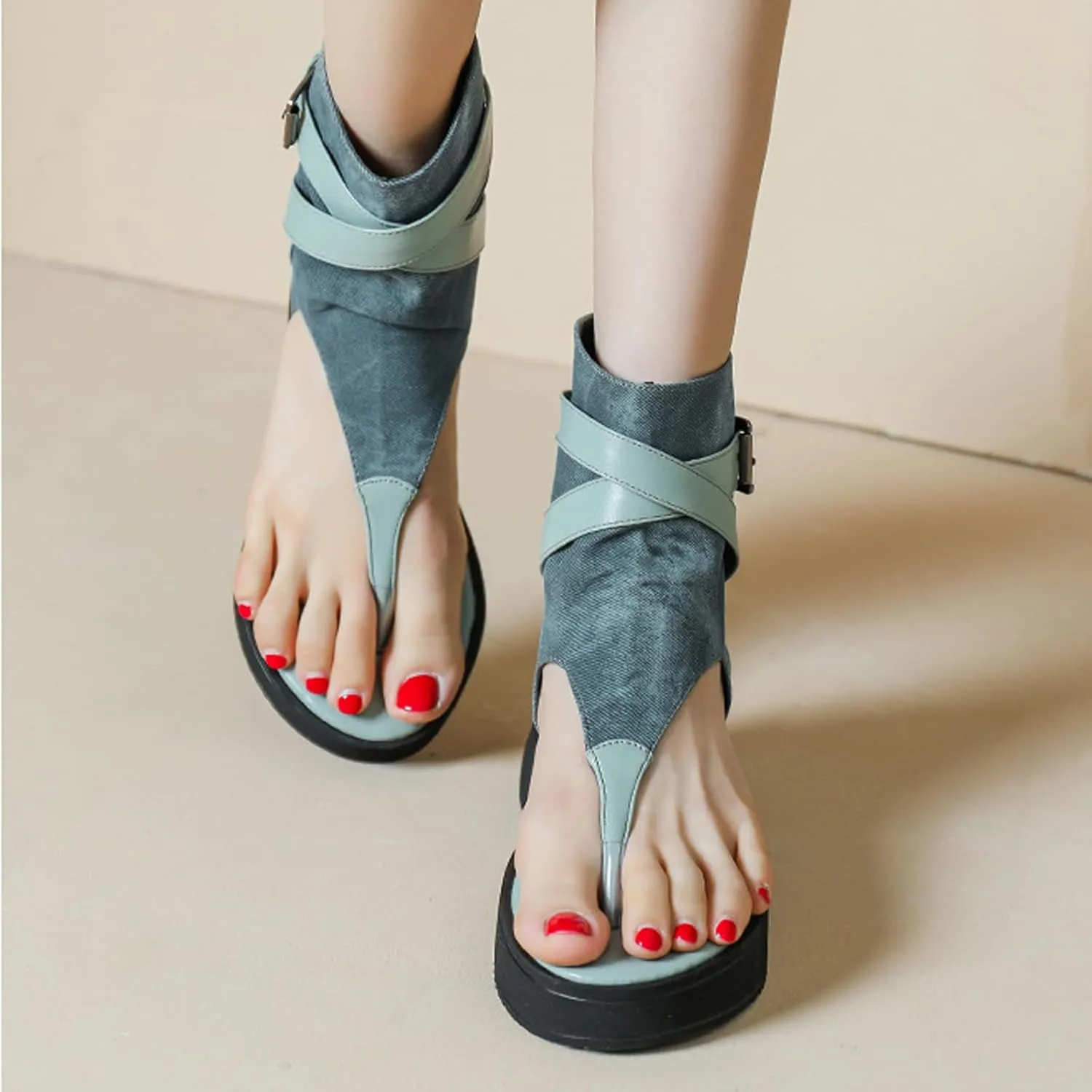 Women's Denim Platform Bohemian Gladiator Sandals Chunky Bottom Clip Toe T-Strap Back Zip Roman Sandals with Buckle Decor Casual High top Walking Beach y2k Sandals