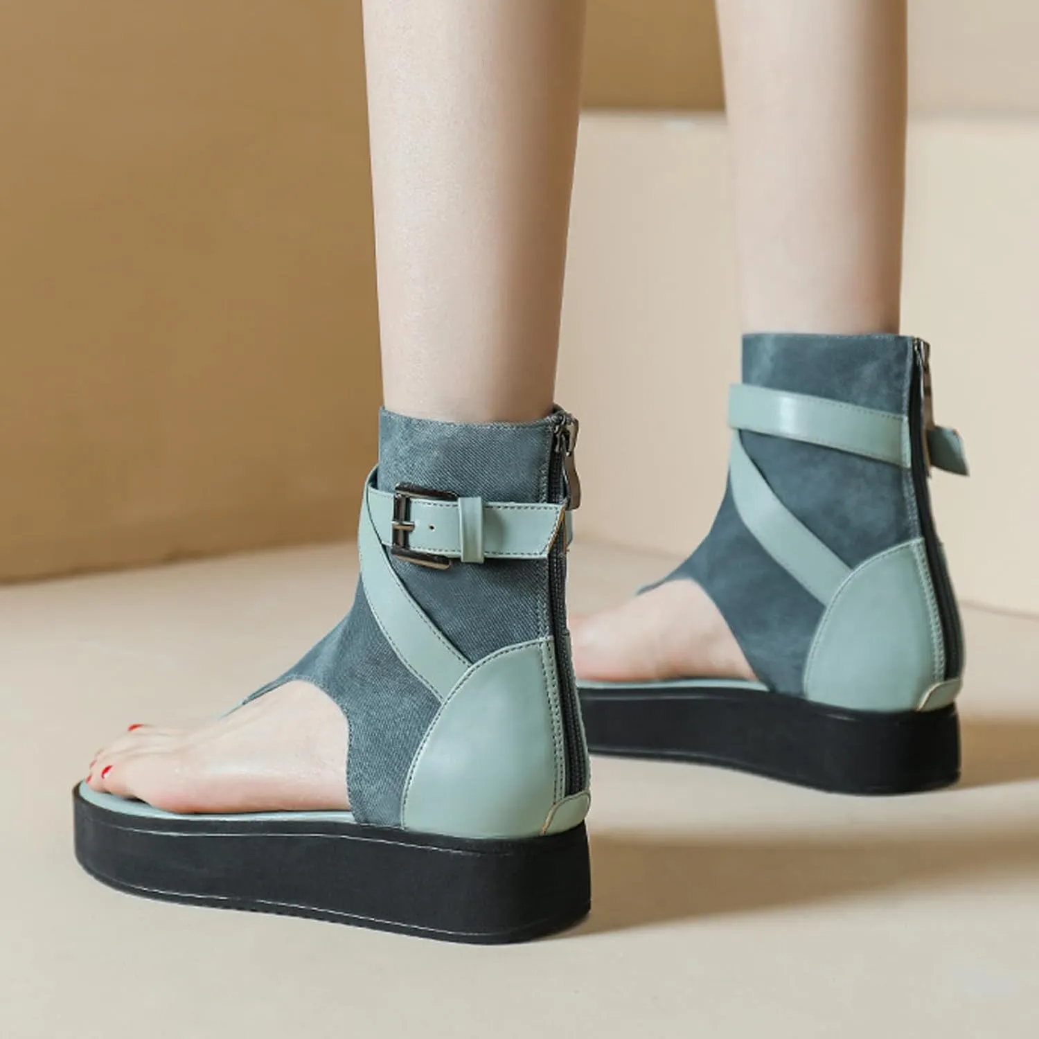 Women's Denim Platform Bohemian Gladiator Sandals Chunky Bottom Clip Toe T-Strap Back Zip Roman Sandals with Buckle Decor Casual High top Walking Beach y2k Sandals