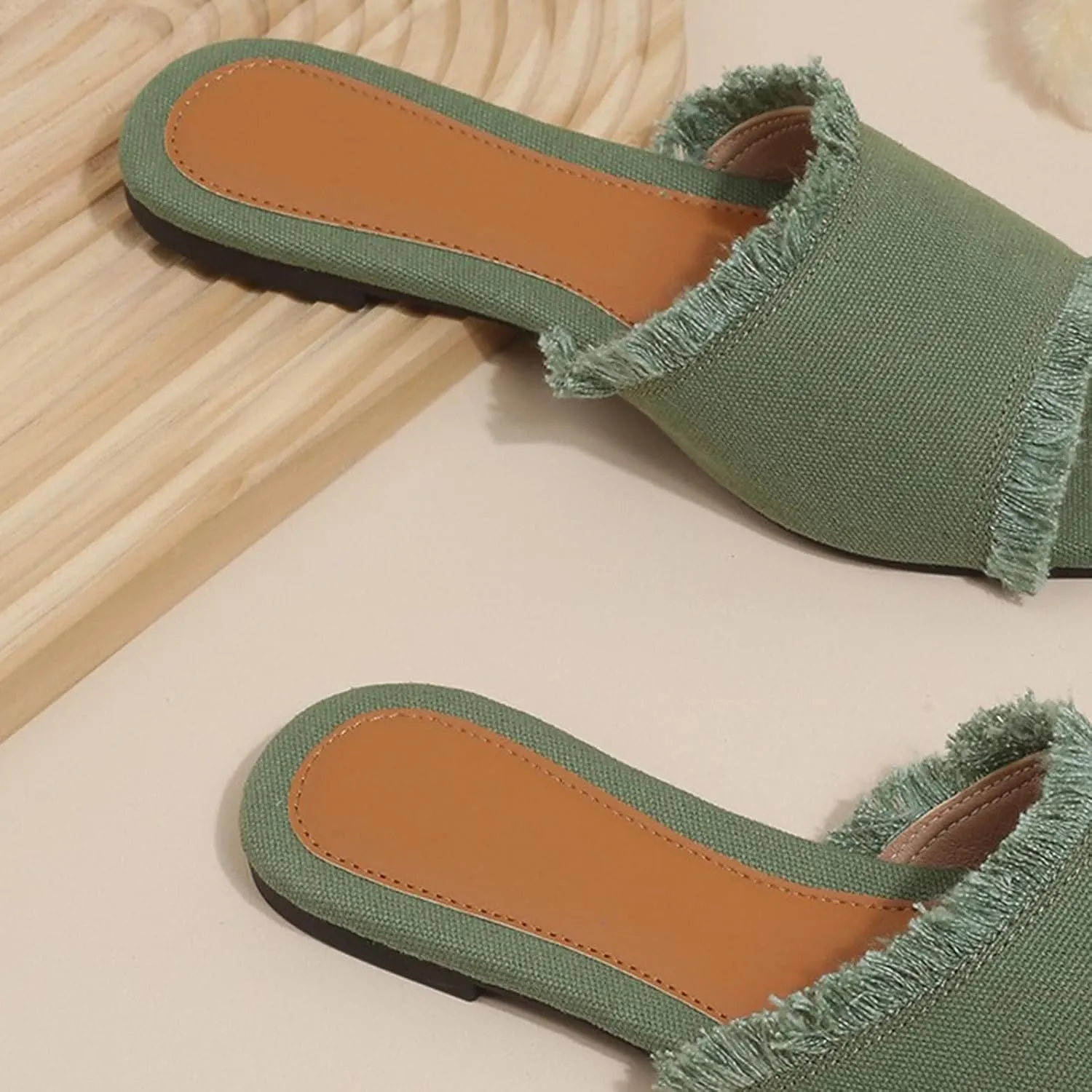 Women's Fashion Denim Cloth Flat Slides Sandals Summer Fish Mouth Open Toe Tassel Comfort Soft Slip On Outdoor Slipper Walking Beach Casual Sandals