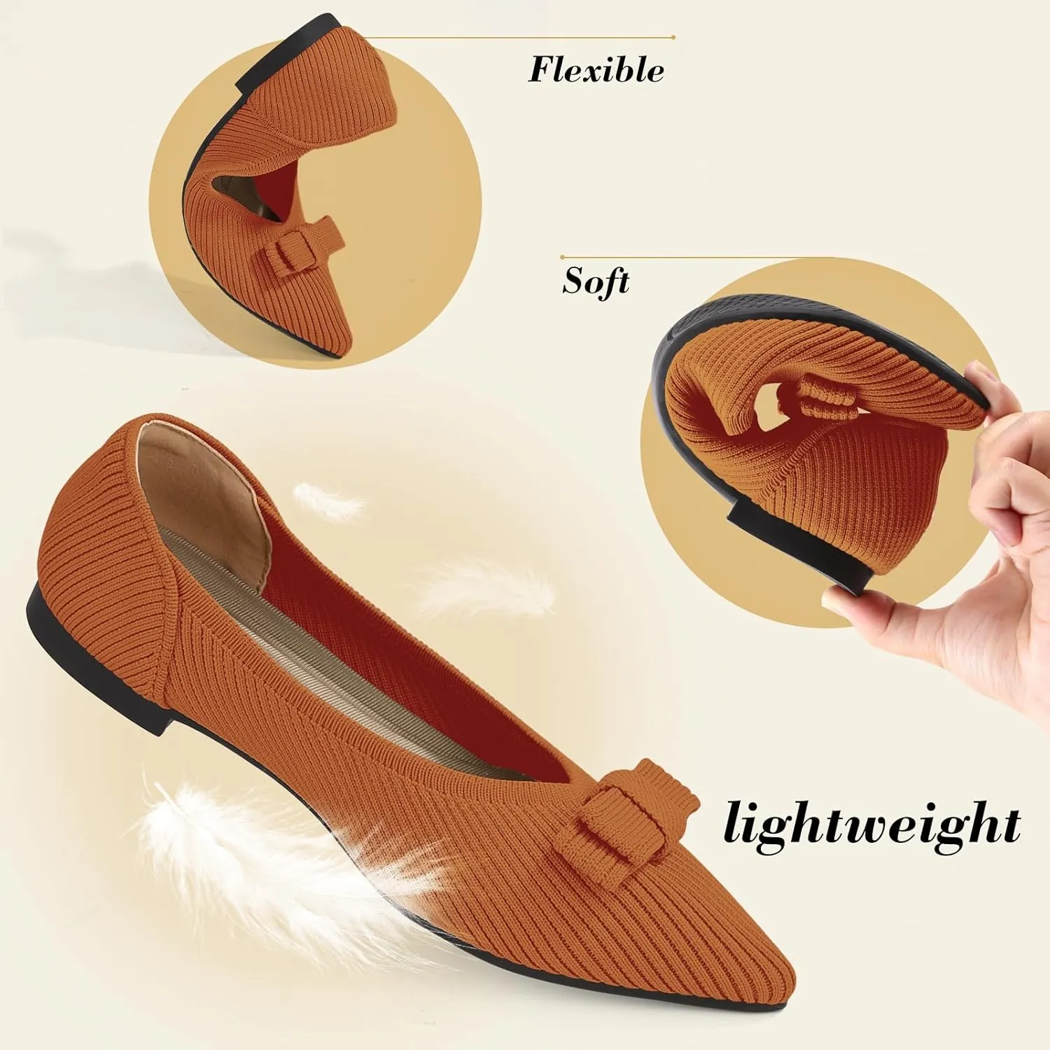 Women's Flats Pointed Toe Ballet Shoes with Bow Comfortable Knit Dressy Flat