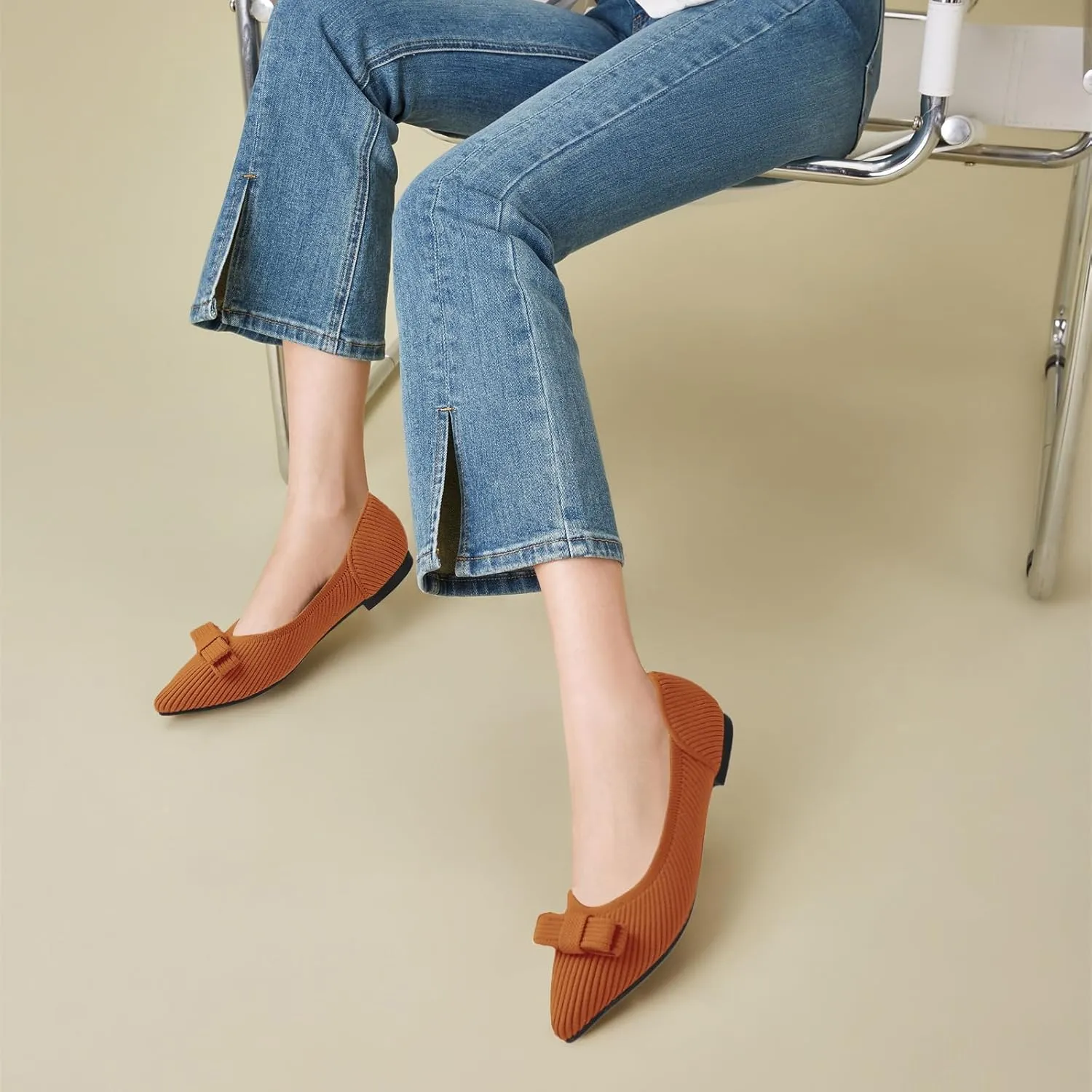 Women's Flats Pointed Toe Ballet Shoes with Bow Comfortable Knit Dressy Flat