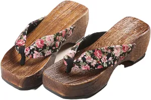 Women's Flip Flops Geta Slippers,Wooden Geta Sandals Clogs Two-Teeth Japanese Traditional High Heel Slippers,Traditional Clogs Slippers(Size:EU 39,Color:Black)