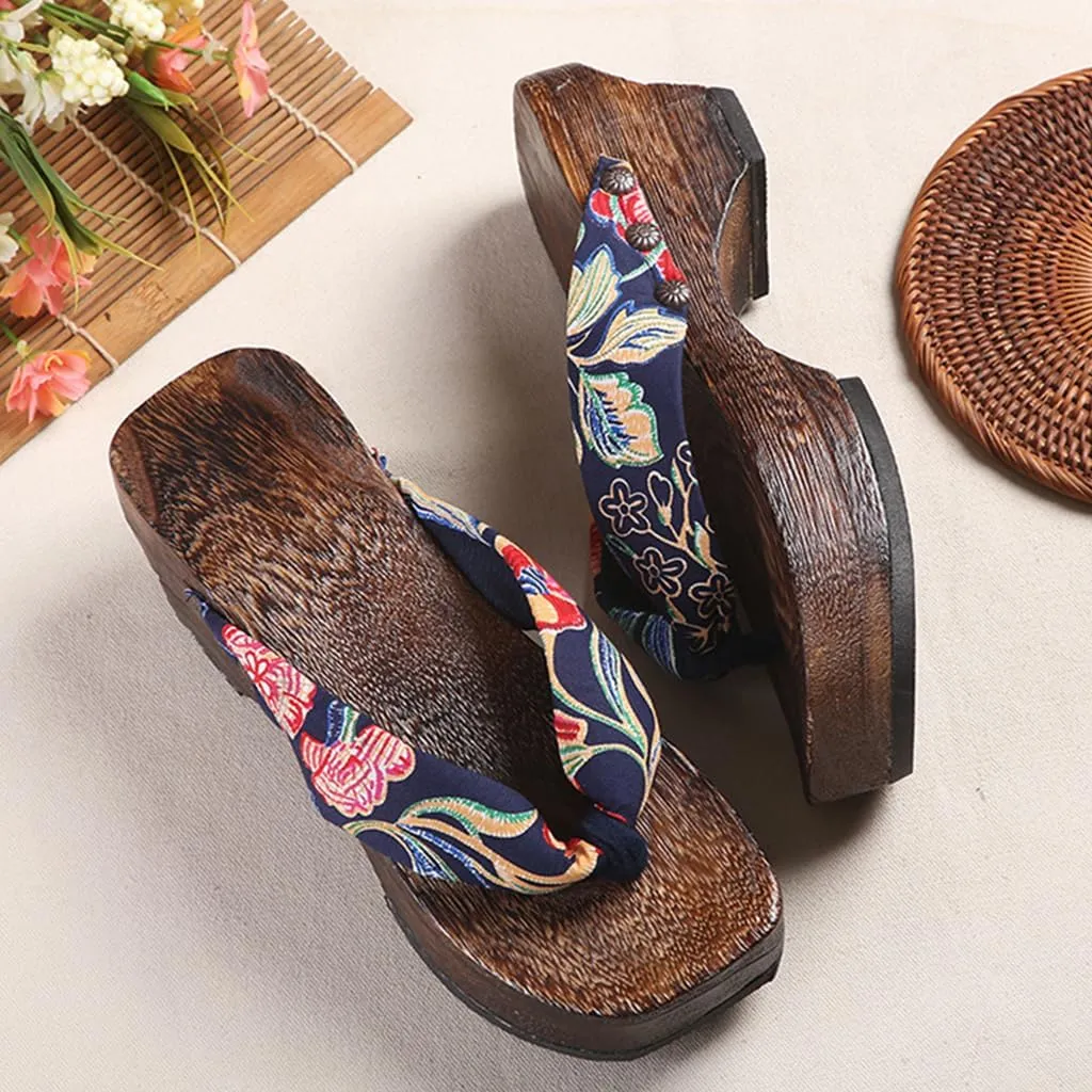 Women's Flip Flops Geta Slippers,Wooden Geta Sandals Clogs Two-Teeth Japanese Traditional High Heel Slippers,Traditional Clogs Slippers(Size:EU 39,Color:Black)