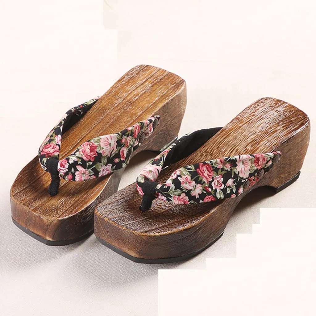 Women's Flip Flops Geta Slippers,Wooden Geta Sandals Clogs Two-Teeth Japanese Traditional High Heel Slippers,Traditional Clogs Slippers(Size:EU 39,Color:Black)