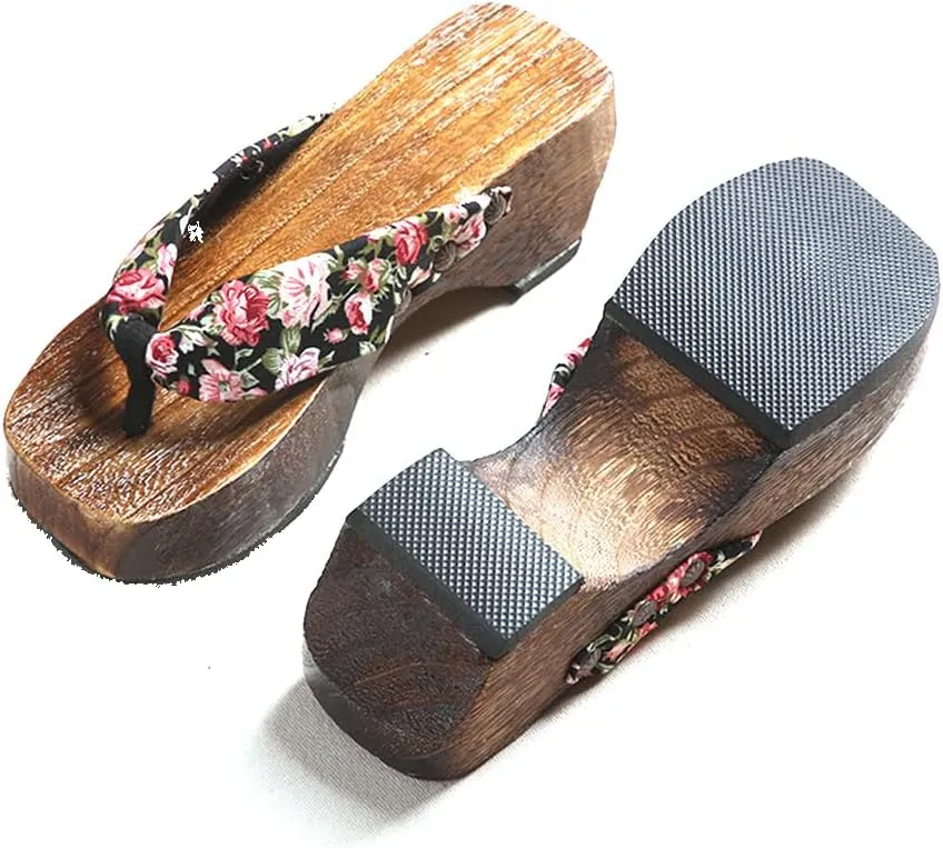 Women's Flip Flops Geta Slippers,Wooden Geta Sandals Clogs Two-Teeth Japanese Traditional High Heel Slippers,Traditional Clogs Slippers(Size:EU 39,Color:Black)