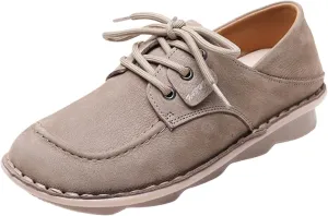 Women's Genuine Leather Wide Toe Lace-Up Flat Casual Shoes Vintage Round Toe Hand Stitching Comfortable Non-Slip Wedge Water Shoes for Driving, Outdoor Activities, Work