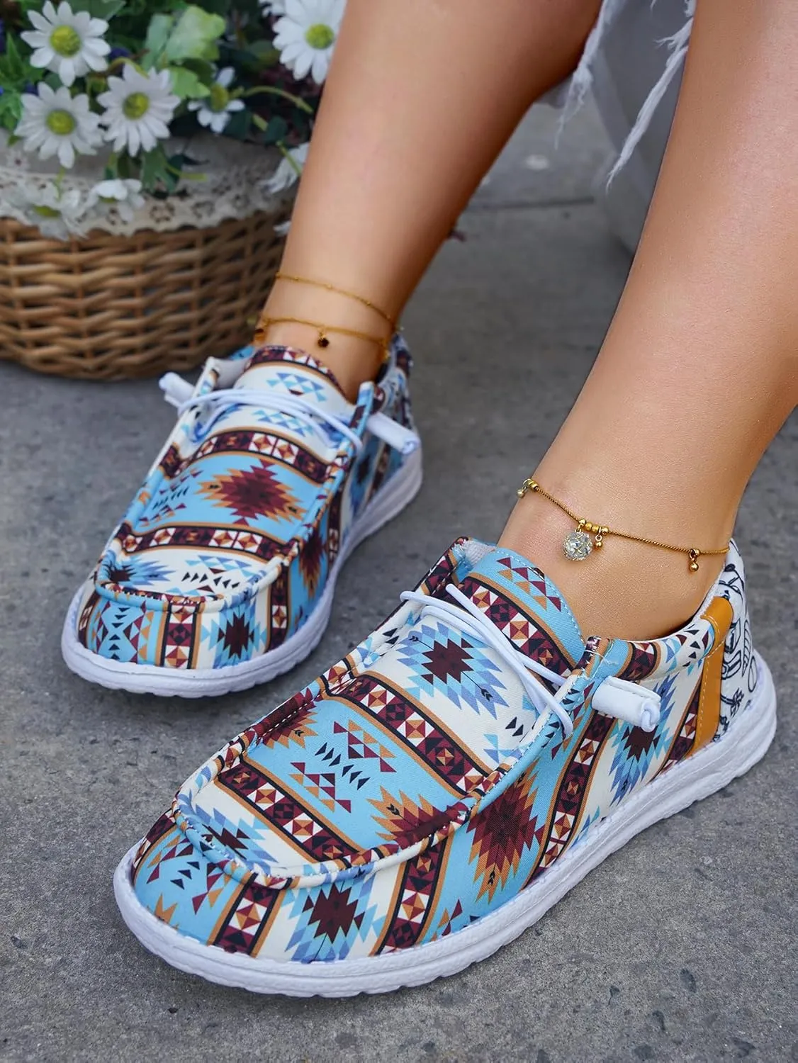 Women's Geometric Pattern Loafers, Comfort Ethnic Print Canvas Shoes, Easy Slip On Lightweight Sport Shoes Elastic Lace-up Outdoor Flat Shoes Breathable Sneakers, Blue