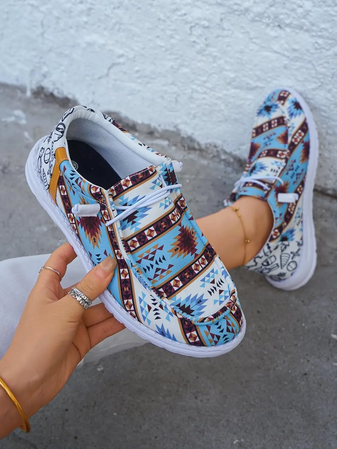 Women's Geometric Pattern Loafers, Comfort Ethnic Print Canvas Shoes, Easy Slip On Lightweight Sport Shoes Elastic Lace-up Outdoor Flat Shoes Breathable Sneakers, Blue