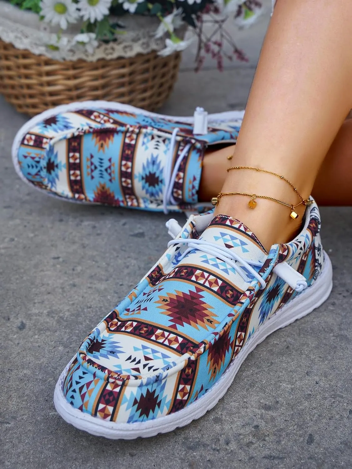 Women's Geometric Pattern Loafers, Comfort Ethnic Print Canvas Shoes, Easy Slip On Lightweight Sport Shoes Elastic Lace-up Outdoor Flat Shoes Breathable Sneakers, Blue