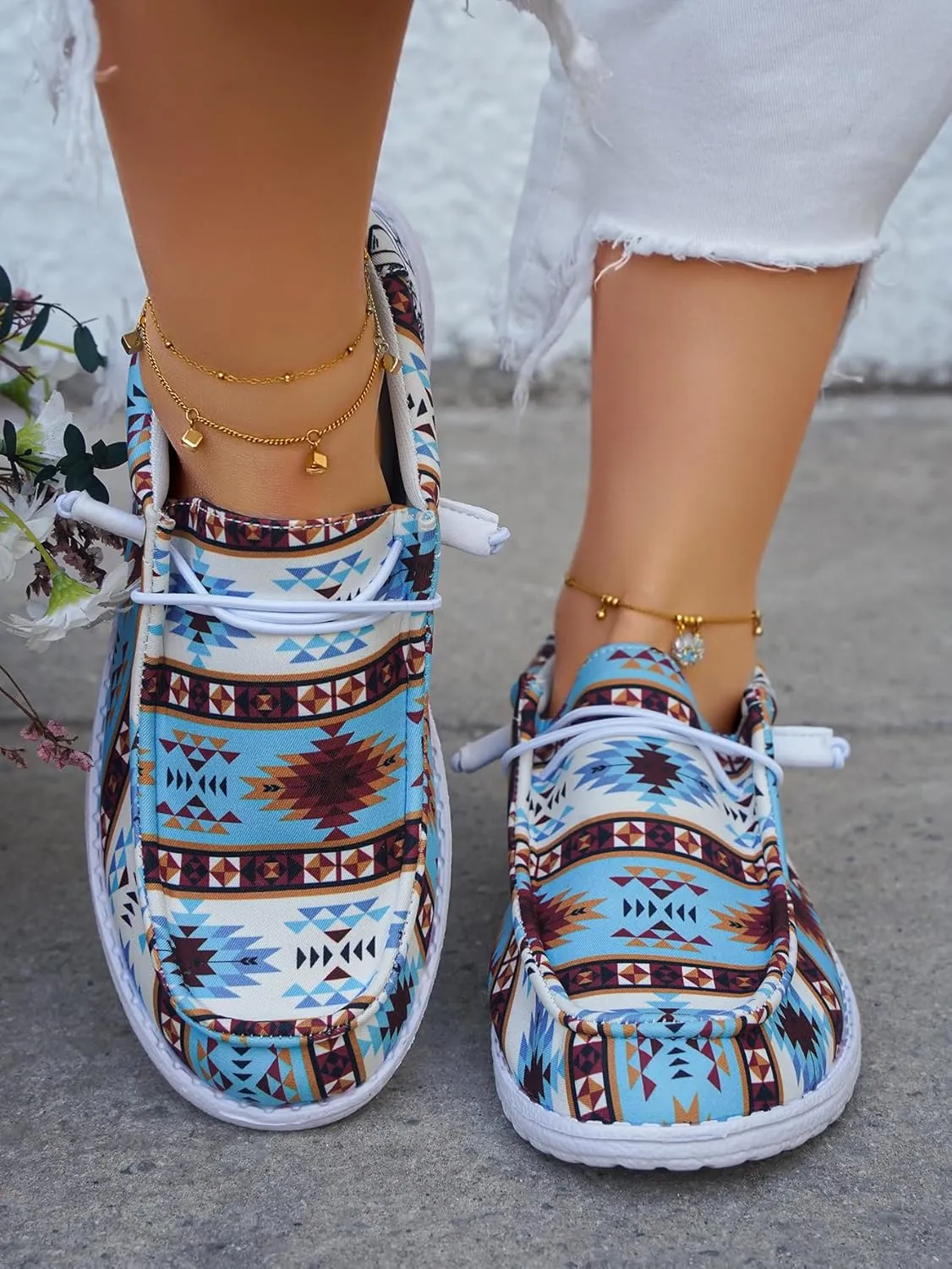 Women's Geometric Pattern Loafers, Comfort Ethnic Print Canvas Shoes, Easy Slip On Lightweight Sport Shoes Elastic Lace-up Outdoor Flat Shoes Breathable Sneakers, Blue
