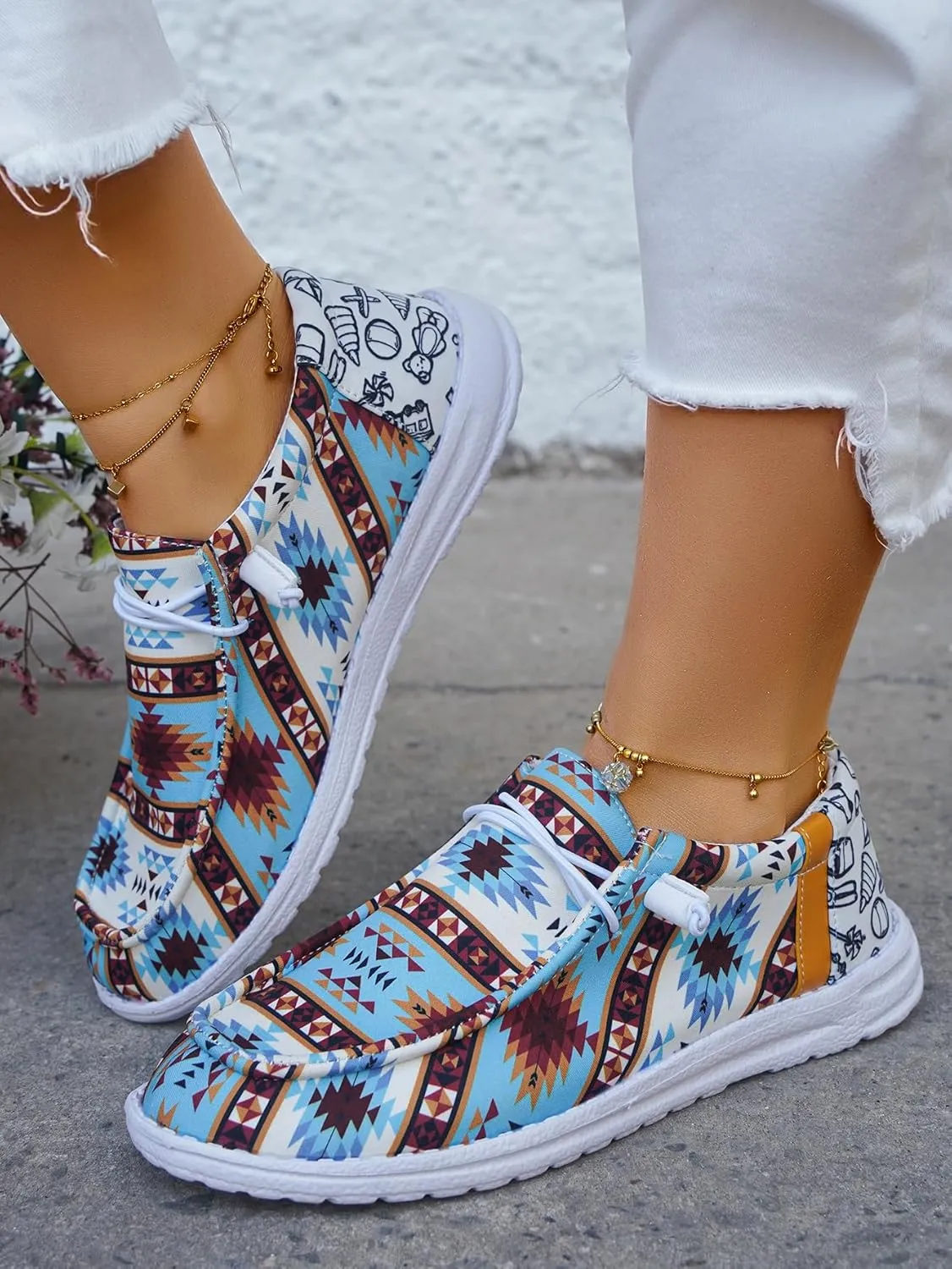 Women's Geometric Pattern Loafers, Comfort Ethnic Print Canvas Shoes, Easy Slip On Lightweight Sport Shoes Elastic Lace-up Outdoor Flat Shoes Breathable Sneakers, Blue