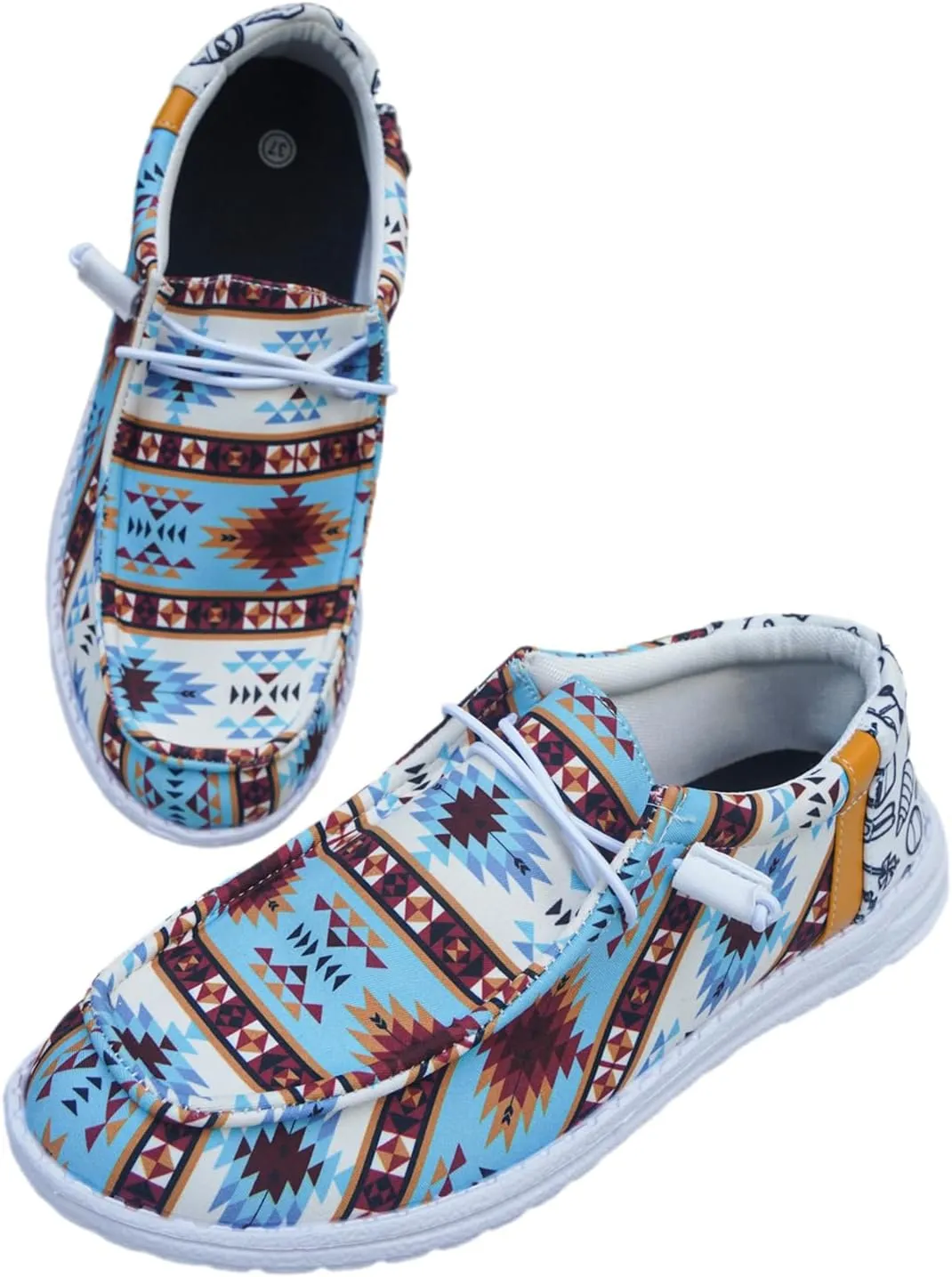 Women's Geometric Pattern Loafers, Comfort Ethnic Print Canvas Shoes, Easy Slip On Lightweight Sport Shoes Elastic Lace-up Outdoor Flat Shoes Breathable Sneakers, Blue