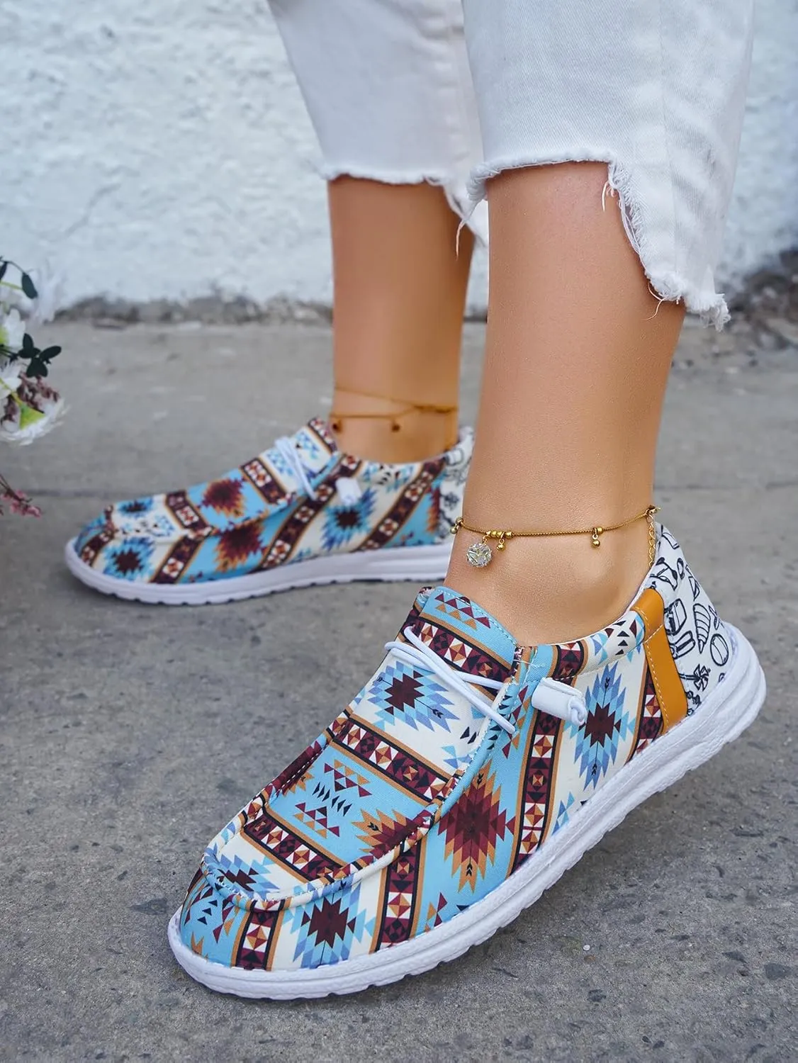 Women's Geometric Pattern Loafers, Comfort Ethnic Print Canvas Shoes, Easy Slip On Lightweight Sport Shoes Elastic Lace-up Outdoor Flat Shoes Breathable Sneakers, Blue