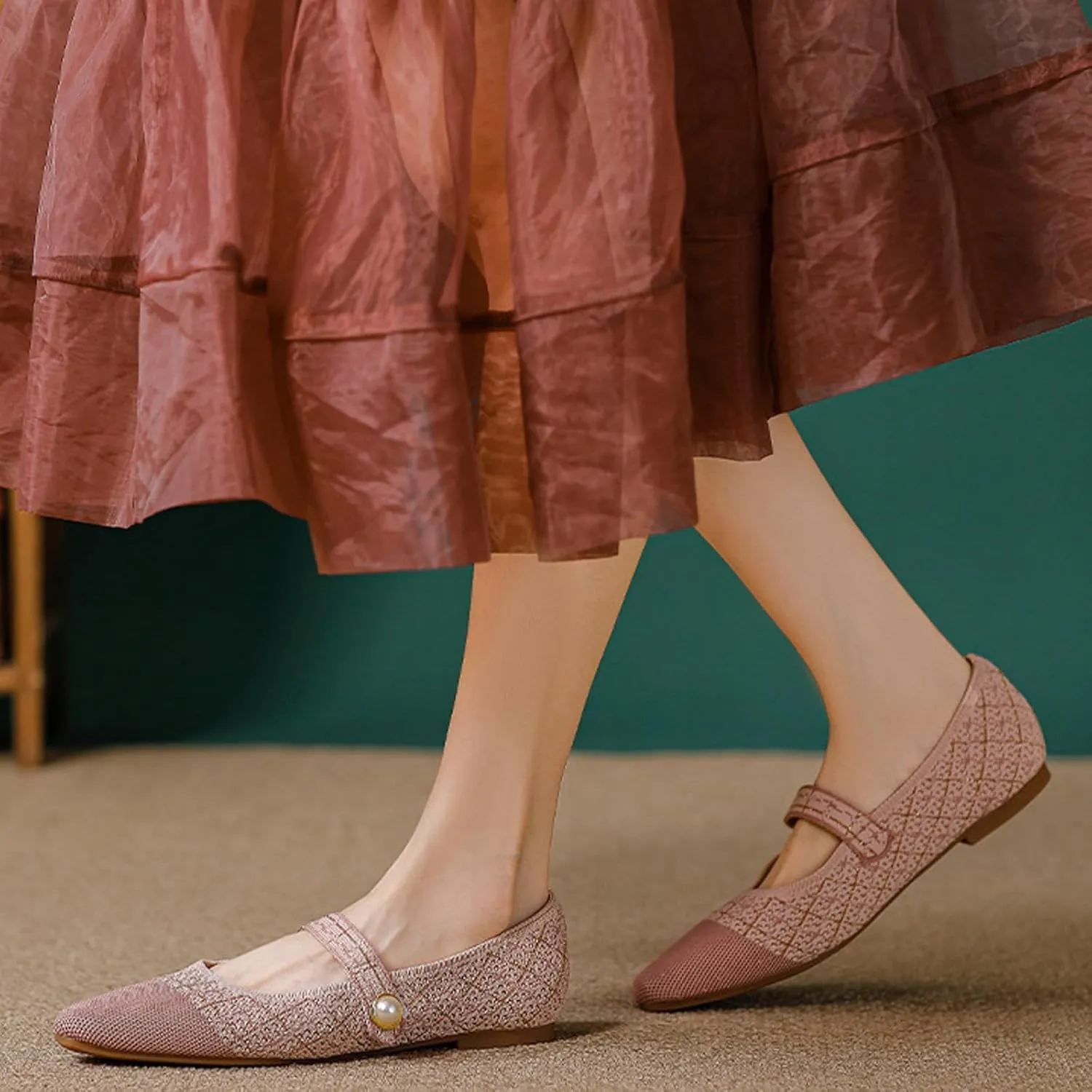 Women's Knitted Cap Toe Mary Jane Shoes,Comfortable Square Toe Arch Support Walking Shoes Soft Sole Strappy Mesh Office Work Dress Shoes Elegant Ballets Flats