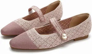 Women's Knitted Cap Toe Mary Jane Shoes,Comfortable Square Toe Arch Support Walking Shoes Soft Sole Strappy Mesh Office Work Dress Shoes Elegant Ballets Flats