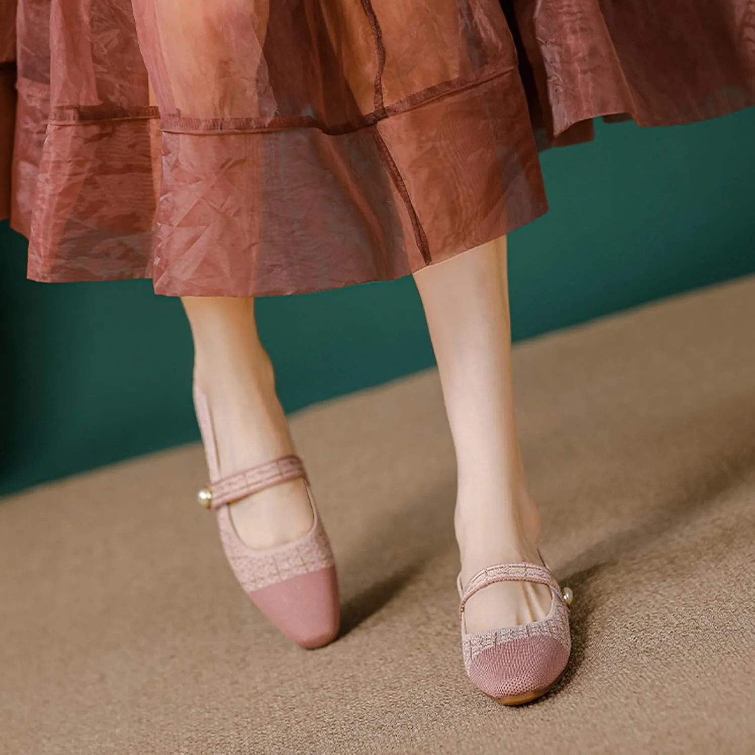 Women's Knitted Cap Toe Mary Jane Shoes,Comfortable Square Toe Arch Support Walking Shoes Soft Sole Strappy Mesh Office Work Dress Shoes Elegant Ballets Flats