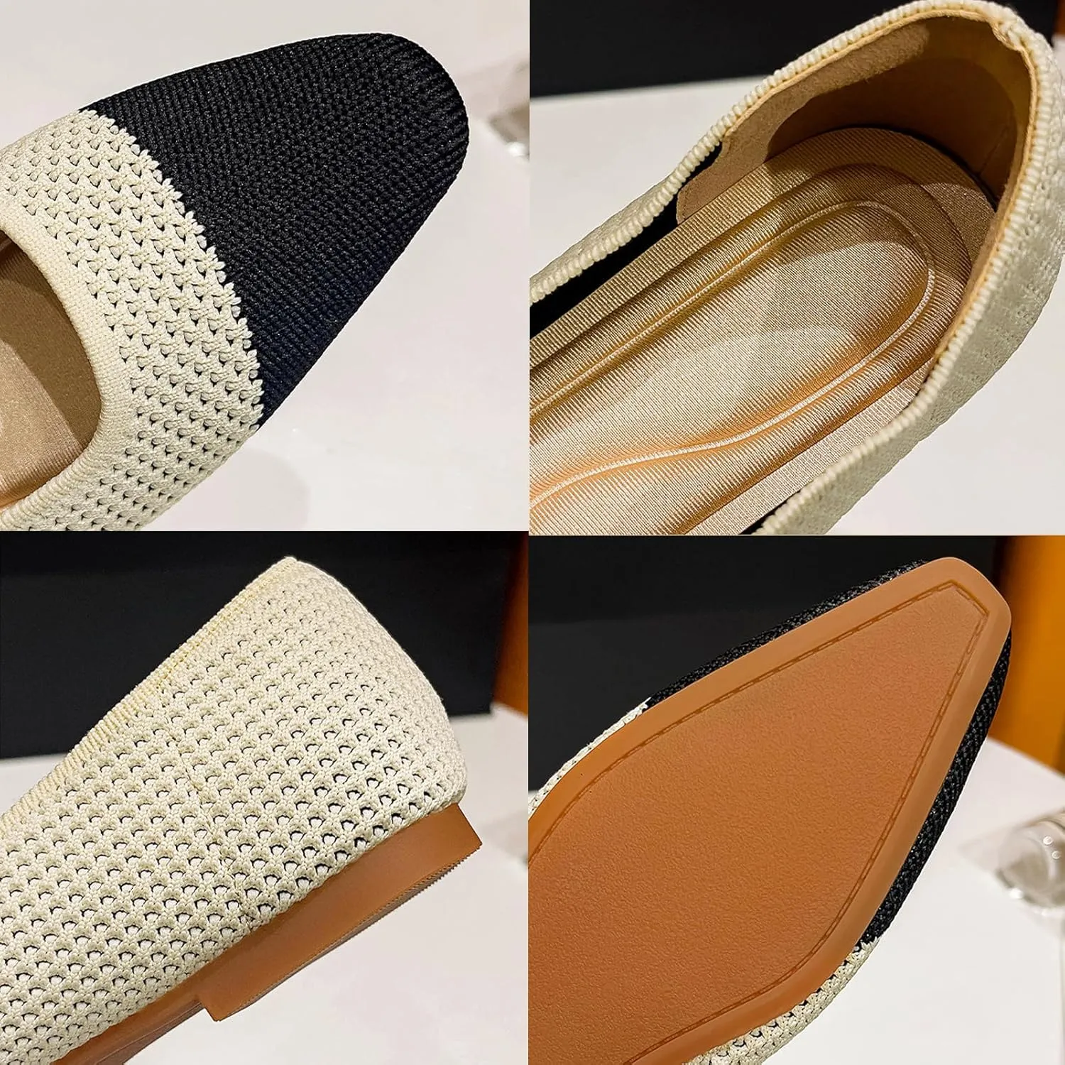 Women's Knitted Cap Toe Mary Jane Shoes,Comfortable Square Toe Arch Support Walking Shoes Soft Sole Strappy Mesh Office Work Dress Shoes Elegant Ballets Flats
