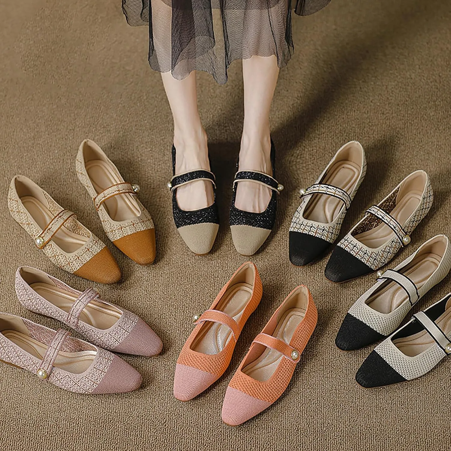 Women's Knitted Cap Toe Mary Jane Shoes,Comfortable Square Toe Arch Support Walking Shoes Soft Sole Strappy Mesh Office Work Dress Shoes Elegant Ballets Flats