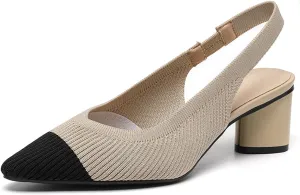 Women's Knitted Slingback Dress Pumps with Ankle Strap Closed Pointed Toe Low Block Heel Dress Shoes for Work Office Wedding Dressy