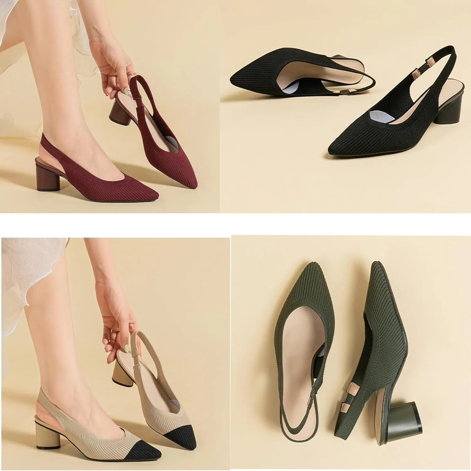 Women's Knitted Slingback Dress Pumps with Ankle Strap Closed Pointed Toe Low Block Heel Dress Shoes for Work Office Wedding Dressy
