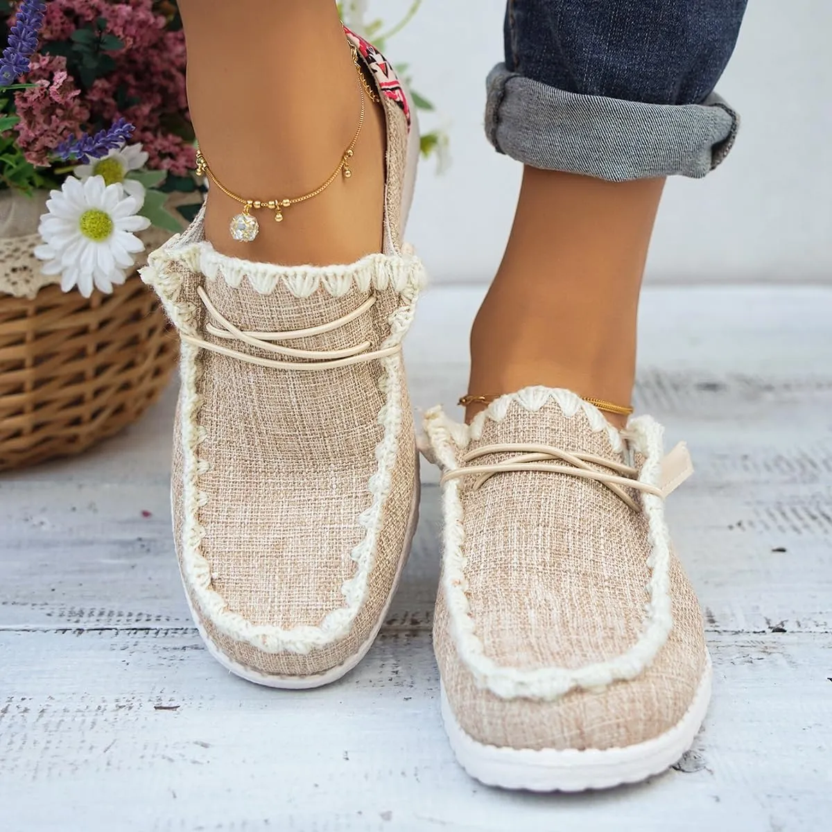 Womens Lace-Up Canvas Lightweight Boat Shoes Casual Comfortable Slip on Knit Loafers Outdoor Walking Low Top Wide Deck Shoes
