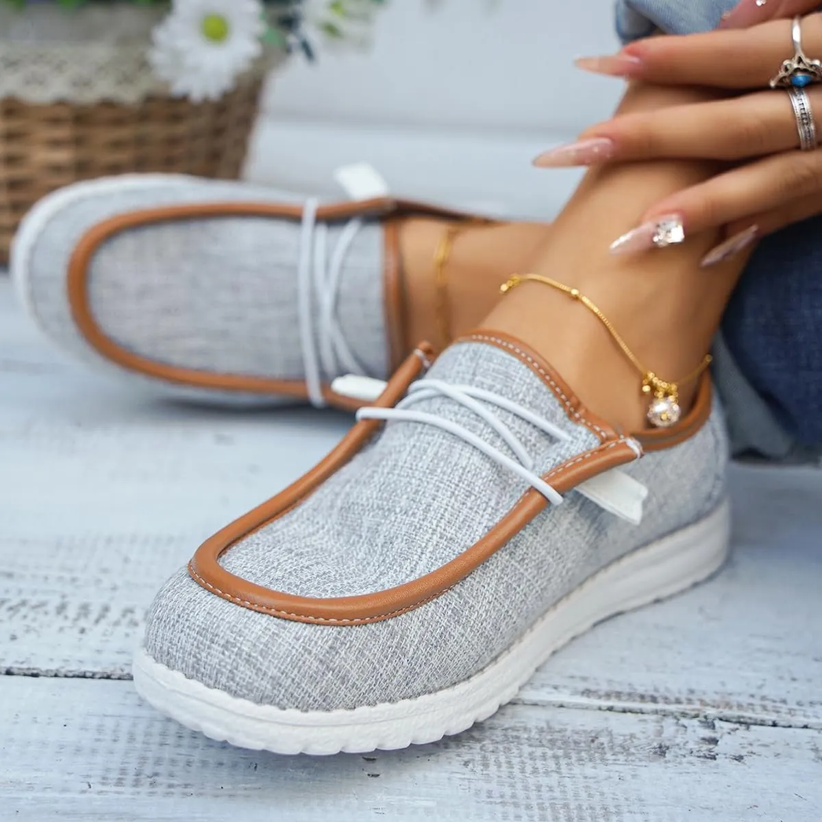 Womens Lace-Up Canvas Lightweight Boat Shoes Casual Comfortable Slip on Knit Loafers Outdoor Walking Low Top Wide Deck Shoes