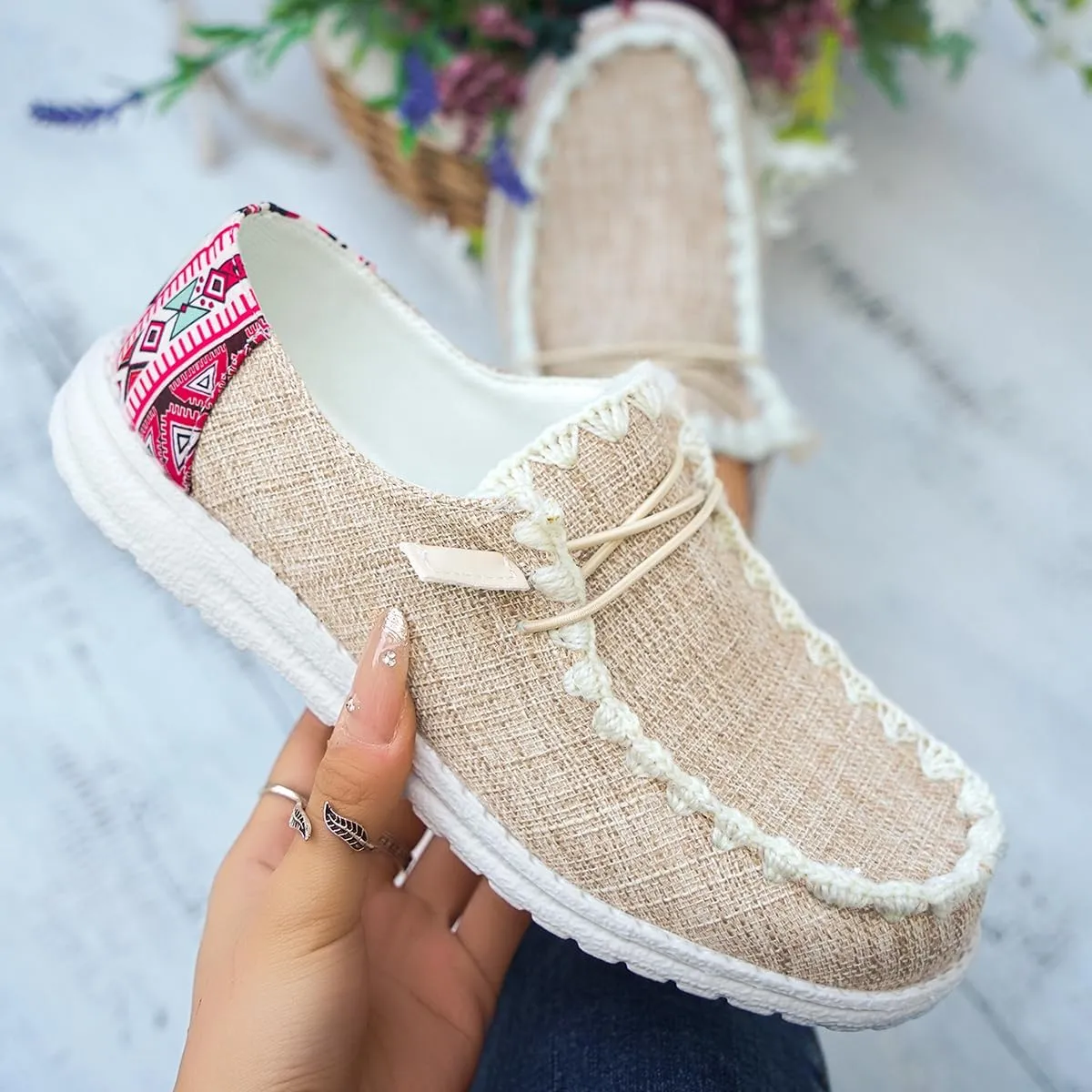 Womens Lace-Up Canvas Lightweight Boat Shoes Casual Comfortable Slip on Knit Loafers Outdoor Walking Low Top Wide Deck Shoes
