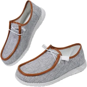 Womens Lace-Up Canvas Lightweight Boat Shoes Casual Comfortable Slip on Knit Loafers Outdoor Walking Low Top Wide Deck Shoes
